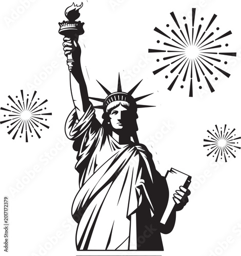 Statue of Liberty with fireworks celebrating independence day in black and white style with New York