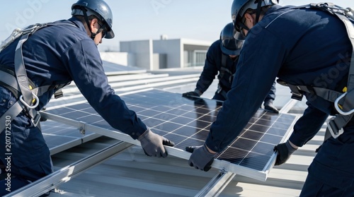 Workers installing solar panels on roof, construction team mounting photovoltaic modules, renewable energy infrastructure project, safety gear and helmets, sustainable power