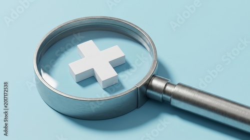 Magnifying glass focused on a white plus sign, symbolizing medical research, health care, and scientific discovery