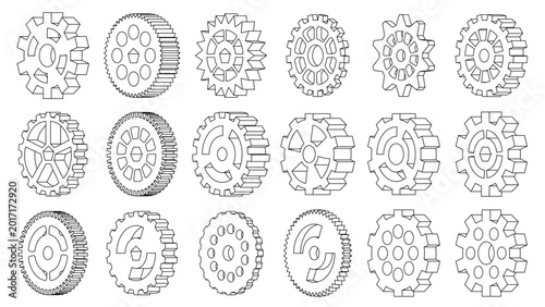 Foto collection of black outline gears and cogwheels in varying sizes and tooth patterns on white background