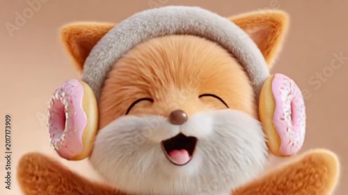 Cute fox character wearing donut headphones laughing and moving in a cheerful animated sequence for high quality digital content