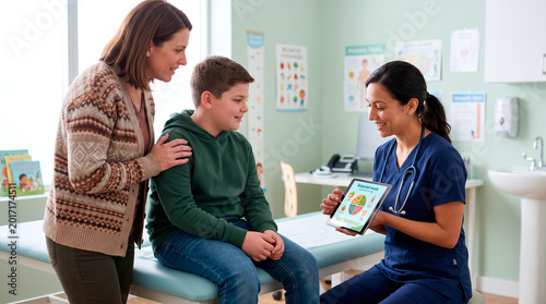 Doctor explains balanced nutrition to mother and child on tablet in clinic