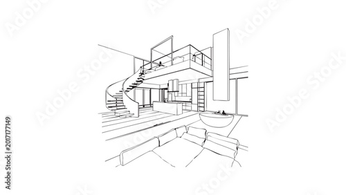 Architectural sketch of a modern house interior with spiral staircase against transparent background.