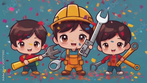 Cute animated worker character holding tools and smiling in colorful cartoon style.