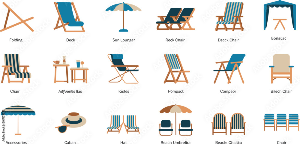 Behang Beach furniture icon set featuring sun loungers folding deck chairs umbrellas an