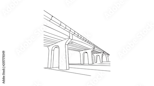 Concrete highway overpass structure sketch with pillars on empty asphalt road perspective.
