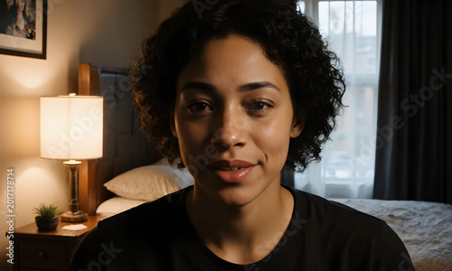 Young Black woman smiling while sitting in bedroom with soft lighting Concept of WNBA Draft  
