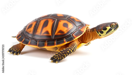 Vibrant orange and black turtle figurine on white background