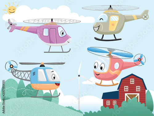 Cute cartoon helicopters flying over a red farm barn landscape