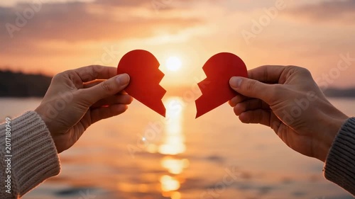 Broken red heart in hands at sunset beach symbolizing heartbreak sadness and emotional relationship loss