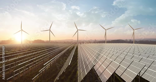 Solar energy panels and wind turbines providing clean power to the grid. Sustainable Green Energy Related 3D Animation.