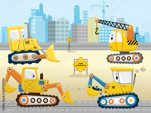 Cute cartoon excavators working on construction site in the city