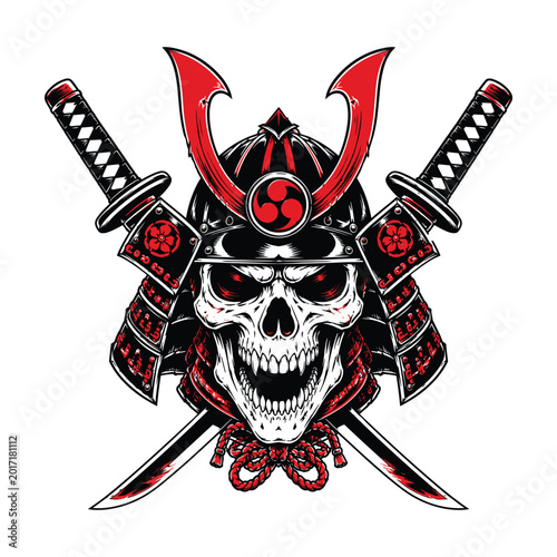 Samurai skull with crossed katana swords and red horns