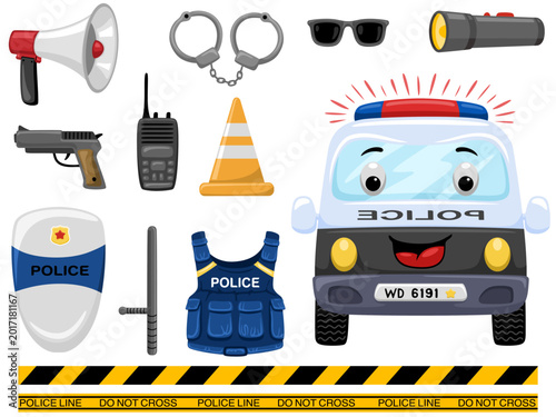 Cute cartoon police car and law enforcement equipment vector set