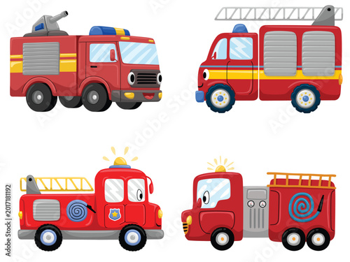 Cute cartoon fire trucks vector illustration set for kids