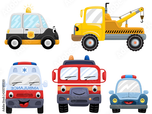 Cute cartoon emergency and service vehicles vector set