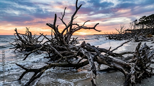 Weathered Driftwood Tangled on Sandy Beach at Colorful Ocean Sunset