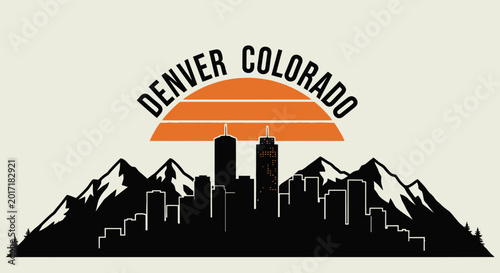 Retro Denver Colorado Skyline Silhouette with Mountains and Sun
