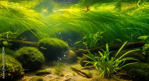Sunlit Green Aquatic Plants Growing in Clear Freshwater Riverbed