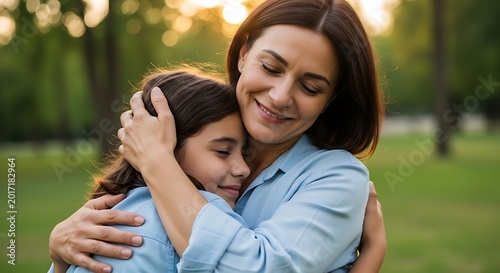 Smiling Mother Hugging Young Daughter in Sunny Green Park