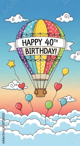Colorful Birthday Hot Air Balloon Floating Above Clouds in Cartoon Sky