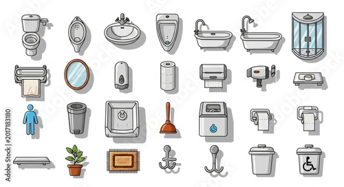 Foto Collection of bathroom fixtures and accessories illustrated.