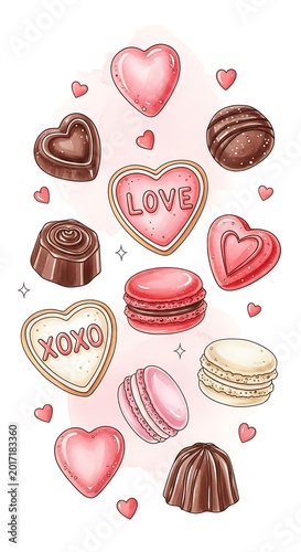 Sweet Valentine Candy and Heart Cookies Arranged on White Background