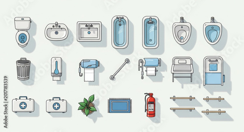 Konstfotografi Collection of bathroom fixtures and accessories arranged neatly.