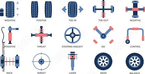 Bild auf Leinwand Large collection of wheel alignment icons featuring tire camber toe-in suspensio