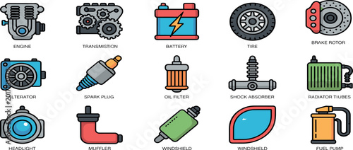 Quadro su tela Large collection of automotive parts icons featuring car engine transmission bat