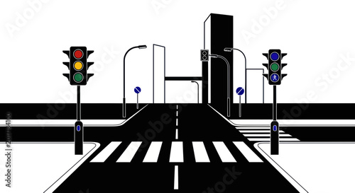 Bild auf Leinwand City Intersection with Traffic Lights and Pedestrian Crossing