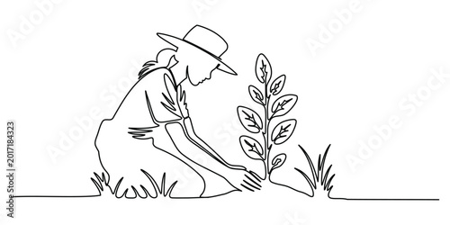 Young female farmer planting shoots continuous one line drawing agriculture farming growth concept minimalist vector illustration
