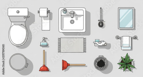 Quadro su tela Collection of bathroom fixtures and accessories top view illustration