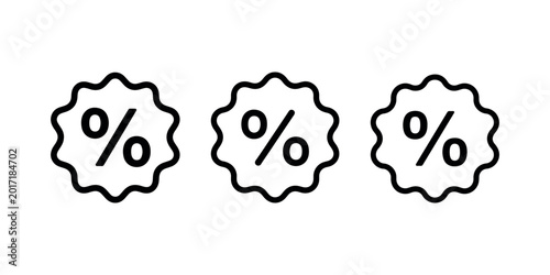 Percent discount label icon collection with wavy circular frame and percentage sign symbol for sales promotions and retail price reduction marketing ads.