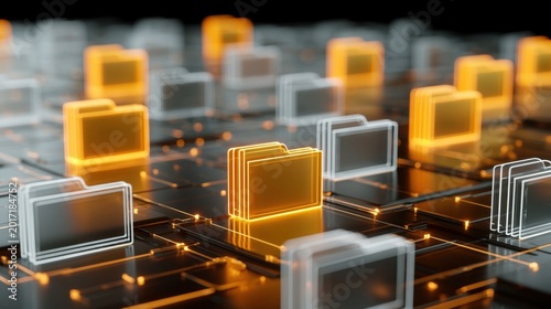 Digital network concept with glowing folder icons representing data storage security and file management on futuristic high tech circuit board interface