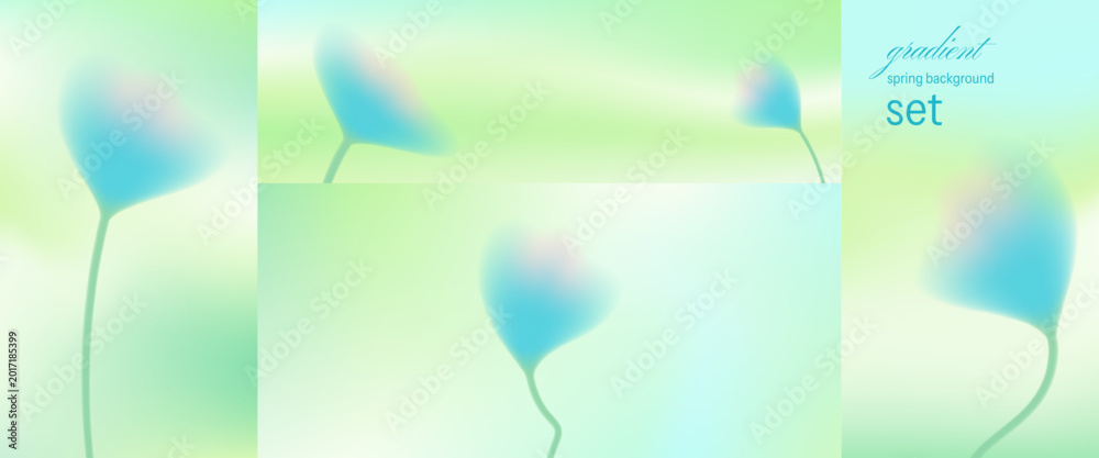 Fototapeta premium Floral gradation background set with delicate pastel and gradient flower for poster pack. Blur soft shadow in green lime with spring tulip. Vector floral gradient.