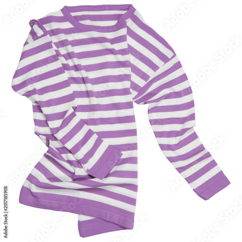 Levitating purple striped sweater pointing down with sleeve, ghost mannequin effect isolated on white background.