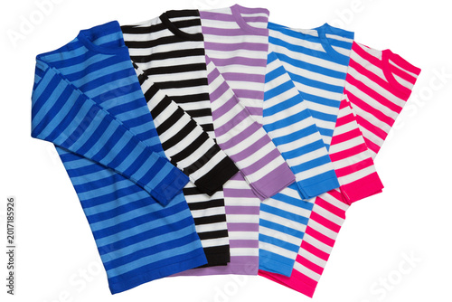 Set of colorful striped sweaters in a row, group of diverse long sleeve knitted shirts isolated on white background.