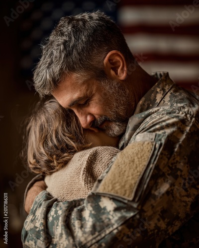 Military soldier embracing child during emotional homecoming reunion. Emotional military reunion with soldier hugging child after returning home. Family support, love, sacrifice and military service 