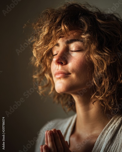 Peaceful woman meditating with closed eyes in warm natural light