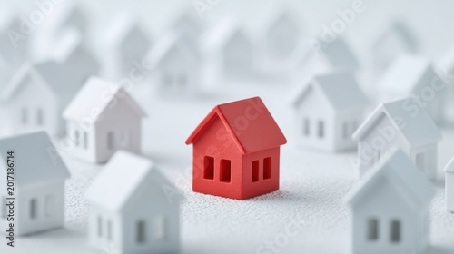 Red miniature house standing out among group of white miniature houses representing difference and unique concept in real estate or community setting