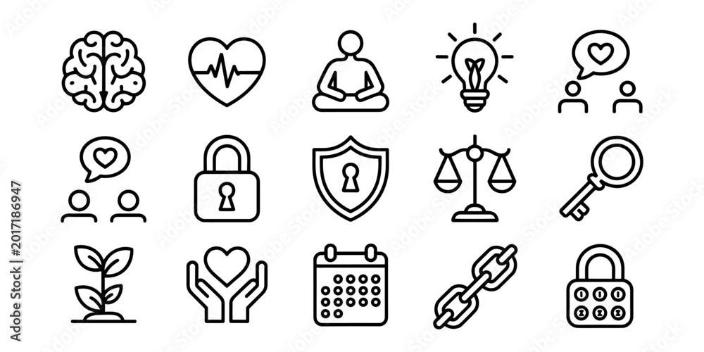 Fototapeta premium Black line of brain heart person meditating lightbulb conversation people plant hands holding heart calendar chain locks shield scales key