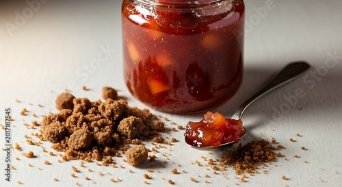 Glossy Red Fruit Jam in Glass Jar with Brown Sugar on White Table