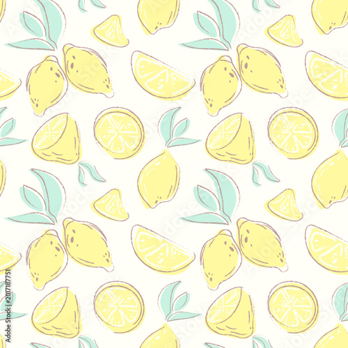 Tableau sur toile Seamless citrus pattern featuring hand drawn whimsical lemons and fresh leaves in soft pastel tones, ideal for cheerful kitchen textiles, digital paper, and modern fabric prints