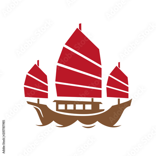 Vector icon of a traditional Hong Kong junk boat with red sails and brown hull, isolated on white background. Ideal for travel, nautical, Asian culture, maritime tourism, and heritage design.