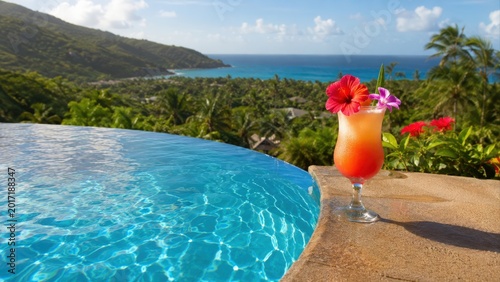Tropical Cocktail Beside Infinity Pool And Ocean View