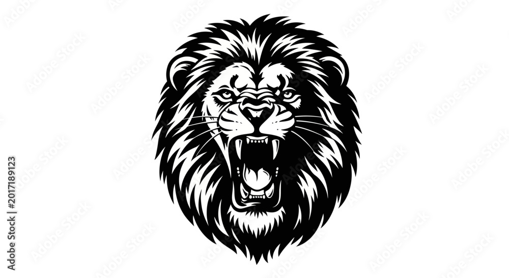Obraz premium Fierce Lion Head Roaring, Black and White Illustration, Aggressive Predator