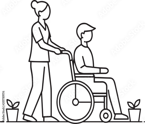 Caregiver assisting person in wheelchair — minimalist line art healthcare illustration
