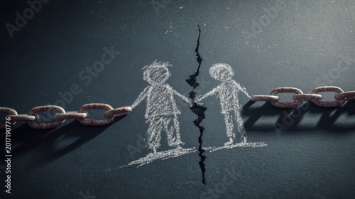 The broken chain signifies the separation of two figures, symbolizing division and broken bonds. The artwork conveys themes of disconnection and emotional impact