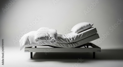 Adjustable Bed Frame with White Bedding and Pillows in Studio Lighting.